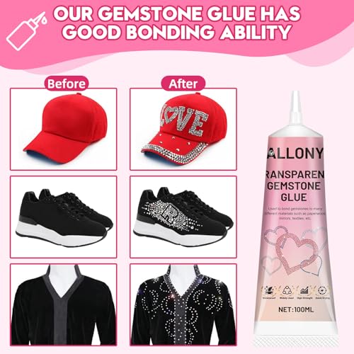 Allony 100ml Schmucksteinkleber, Strassstein Kleber, Wasserfester Kleber für Strasssteine Auf Stoff, Ideal zum Verkleben von Ziersteinen Auf Textilien, Transparent