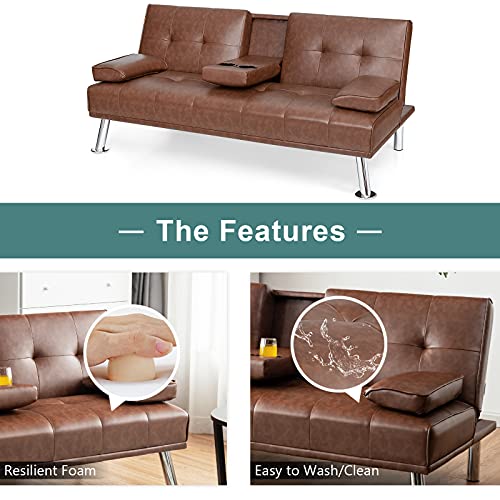 Powerstone Leather Futon Sofa Bed Convertible Folding Couch For Living Room Sectional Sleeper Sofa For Small Space With Cup Holder And Removable Armrest Brown #TOP3