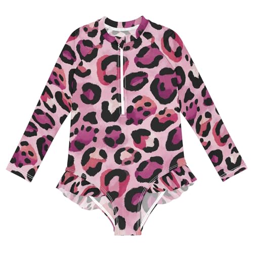 Girls'Swimwear Swimsuit Rash Guard,Pink Leopard Print Pattern Long Sleeve One Piece Bathing Suits for Kids Toddlers,Quick Dry Swimming Suit Zipper 5-6T