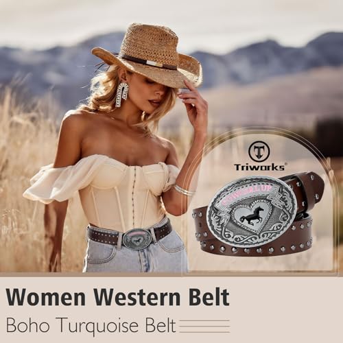 Western Leather Belt for Women Vintage Rivet Buckle Belt Ladies Cowgirl Cowboy Leather Belt2