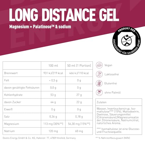 Dextro Energy Long Distance Gel Mango Passionfruit + Magnesium und Natrium - 12x50ml (12er Pack) - High Carb Energy Gel mit Palatinose und Elektrolyte