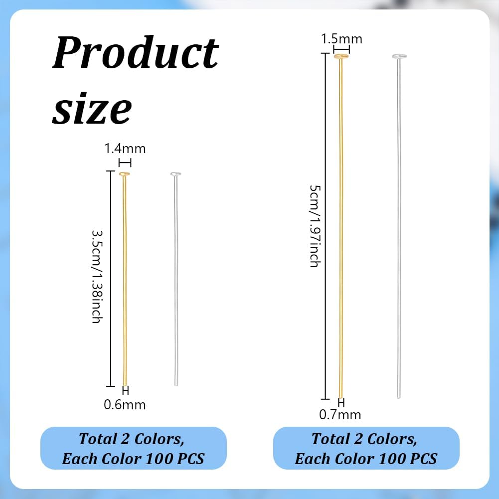 PH PandaHall 400pcs 4 Styles Flat Head Pins, 18K Gold Plated Beading Pin 1.4" / 2" Head Pins Jewelry Making Pin for DIY Charm Earrings Braceles Necklaces Crafts Jewelry Making, 21~22 Gauge