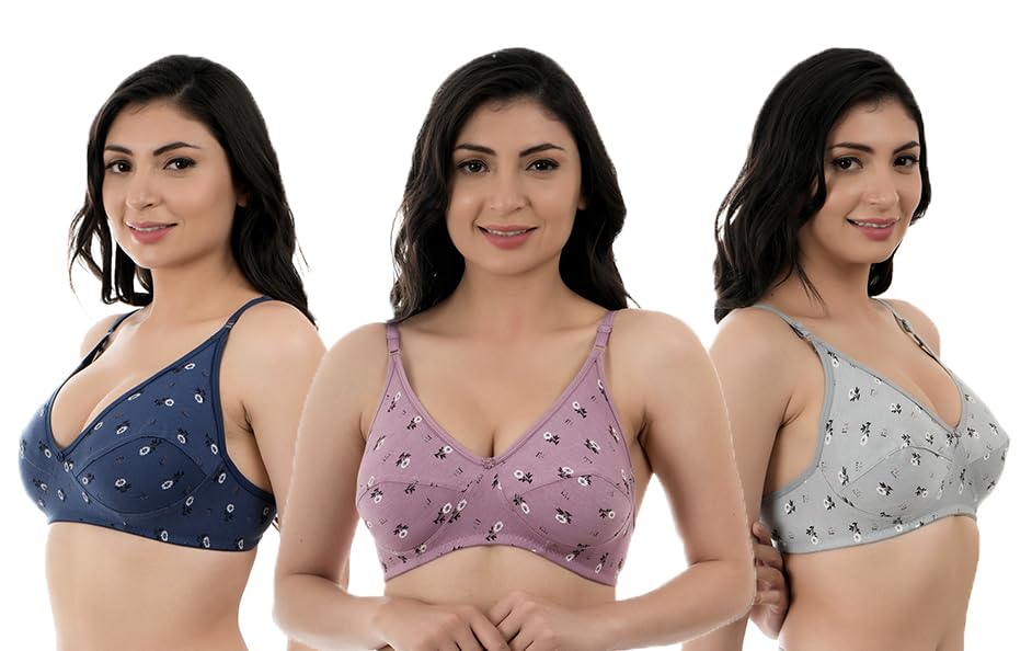 fasharious Women's Floral Print Cotton Push Up Bra, Non-Padded, Pack of 3, Pink Grey Navy-picture-32