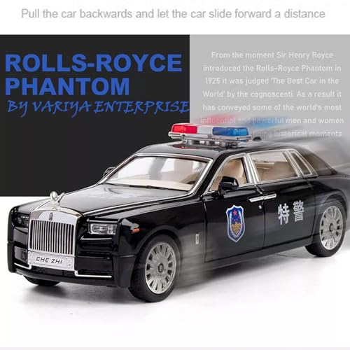Image of 1 /24 Diecast Car Model Rolls-Royce Phantom Police Toy Car, Alloy Collectible Phantom Replica Pull Back Model Car Vehicles with Sound and Light (Black)