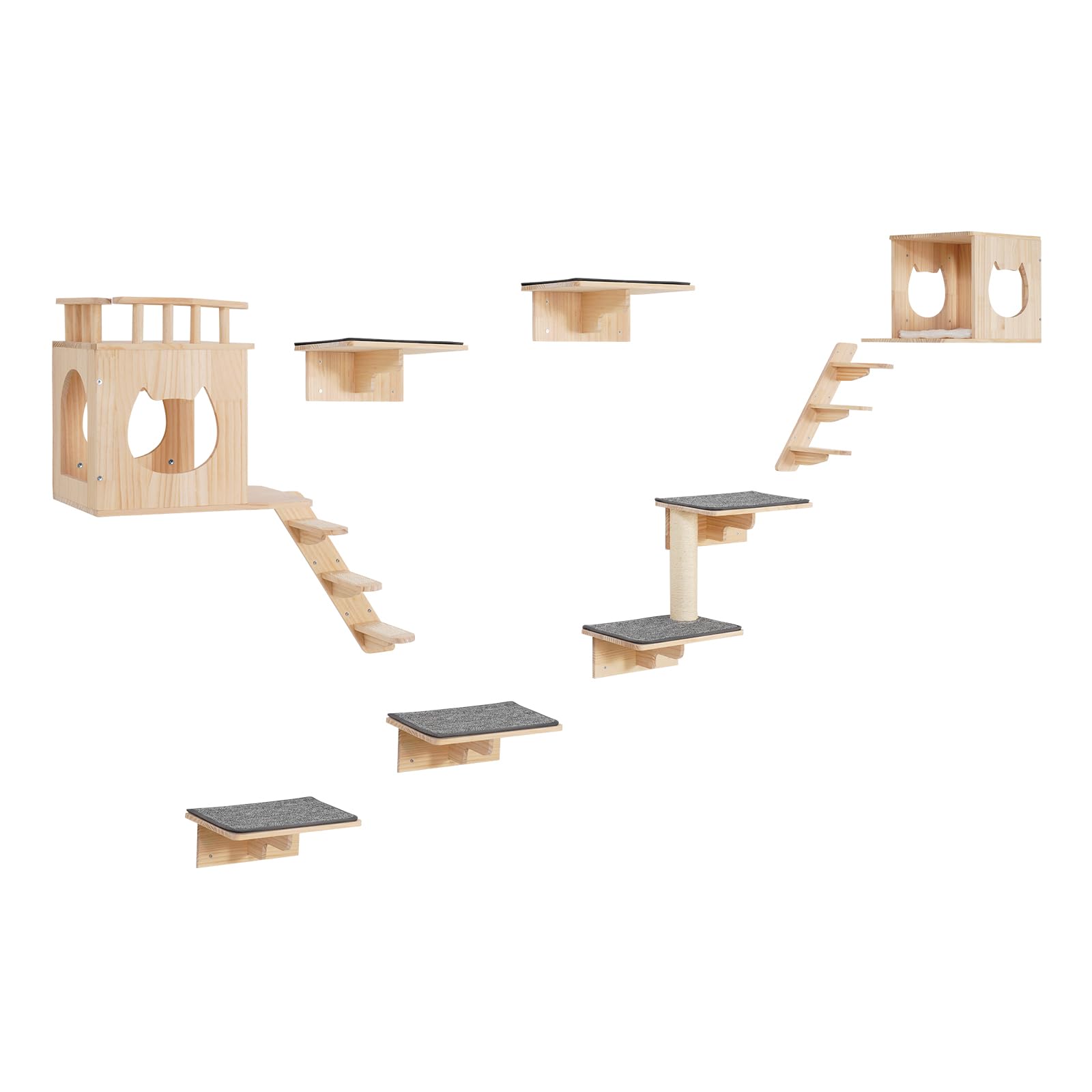 VEVOR Mensole da Parete per Gatti Set da 9, Posatoi Montati a Parete per Gatti con Trampolini, Cucce per gatti, Amache, Set di Mobili da Parete per Gatti Fino a 18,14 kg per Dormire, Arrampicarsi