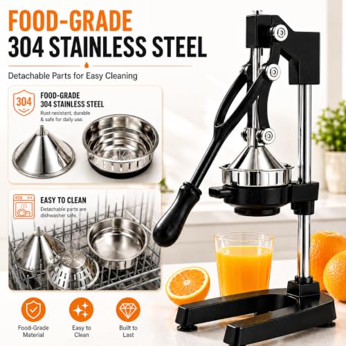 Image of Manual Juicer Hand Press, 304 Stainless Steel Citrus Juicer for Orange Lemon Pomegranate, 19 inch Extra Tall Heavy Duty Juice Press with Dual Molds for Apple & Pear, Stable Suction Base
