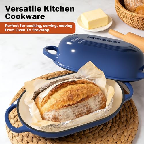 Enameled Cast Iron Dutch Oven for Bread Baking - incl. Sourdough Bread-Baking Supplies like Banneton Bread-Proofing Basket - 5QT Loaf Cast Iron Bread Oven Pan with Lid Meatloaf Pan with Lid, Sour Sough Tools, Lame(Blue)