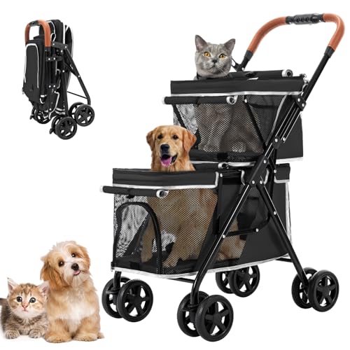 Joyfultails Passeggino per Cani Gemellare 20kg Capacità [Pieghevole 1 Secondo] Carrello per Animali con 4 Ruote con Freni e Struttura Ventilata per Taglia Media, nero