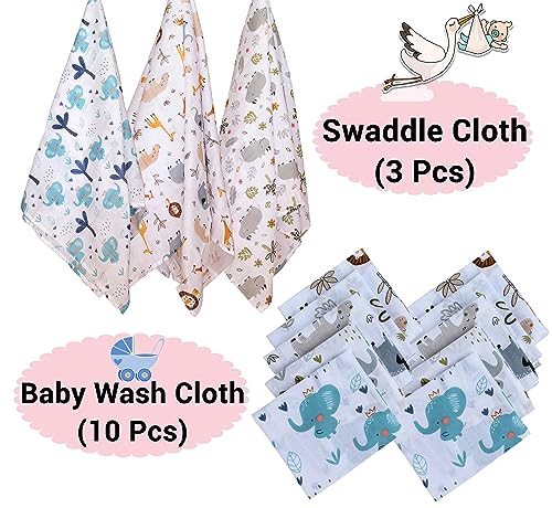 Image of Trance Home Linen Super Soft 100% Cotton Baby Swaddle Cloth + Face Towels /Wash Cloth (3 Pcs Baby Pug Print Swaddle Cloth + 10 Pcs Baby Pug Print Wash Cloths)
