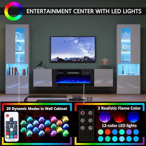 AMERLIFE High Gloss Living Room Entertainment Center with LED Lights, Including Floating Fireplace TV Stand with 36" Electric Fireplace & 2 Bookcases with Glass Doors, White - Image 4