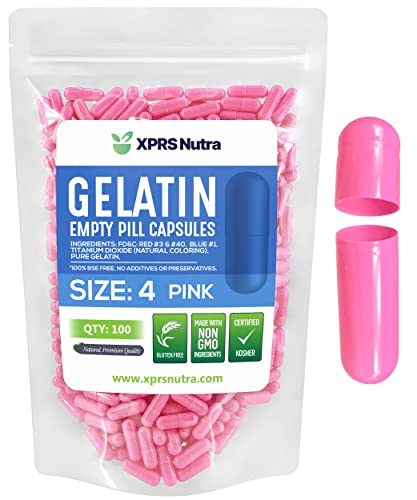 Image of XPRS Nutra Size 4 Empty Capsules - 100 Count Empty Gelatin Capsules - Pills DIY Capsule Filling - Pure Bovine Pill Gel Caps (Pink)