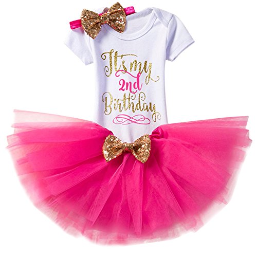 Newborn Baby Girl Two Year Old 1st Birthday Party Outfit Cake Smash Photo Shoot Princess Clothes Set Letter Print Gold Shiny Sequin Bow Short Sleeve Romper Bodysuit Tulle Tutu Skirt Elastic Headband