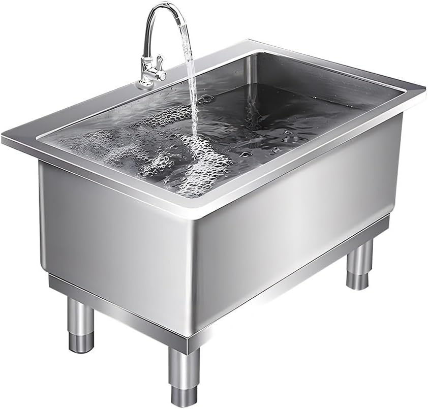 Freestanding 304 Stainless Steel Industrial Sink with Strainer & Faucet, Versatile Mop Wash Station for Kitchen, Restaurant, Garage - 80x50x50cm (31x20x20in)