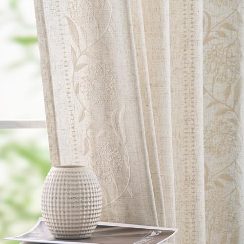 TOPICK Floral Embroidery Linen Look Voile Curtains for Bedroom Windows, Light Filtering Pencil Pleat Curtains 54 Inch Drop, Semi Transparent Sheer Living Room Curtain 2 Panels, Ivory, 50W x 54L Inch