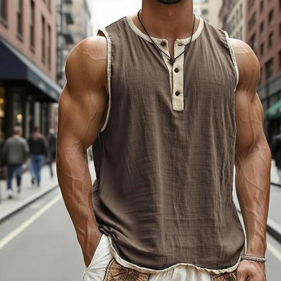 Mokaloha Men's Vintage Breathable Sleeveless Henley Three-Button Linen T-Shirt Loose Comfortable2