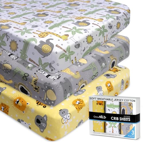 Image of Fitted Nautical Crib Sheets (3 Pack) by GROW WILD - Jersey Knit Cotton Crib Sheet for Boys, Toddler Bed Mattress & Baby Boy Crib Bedding Set, 52” x 28” x 9” Crib Sheets (Safari Animals)