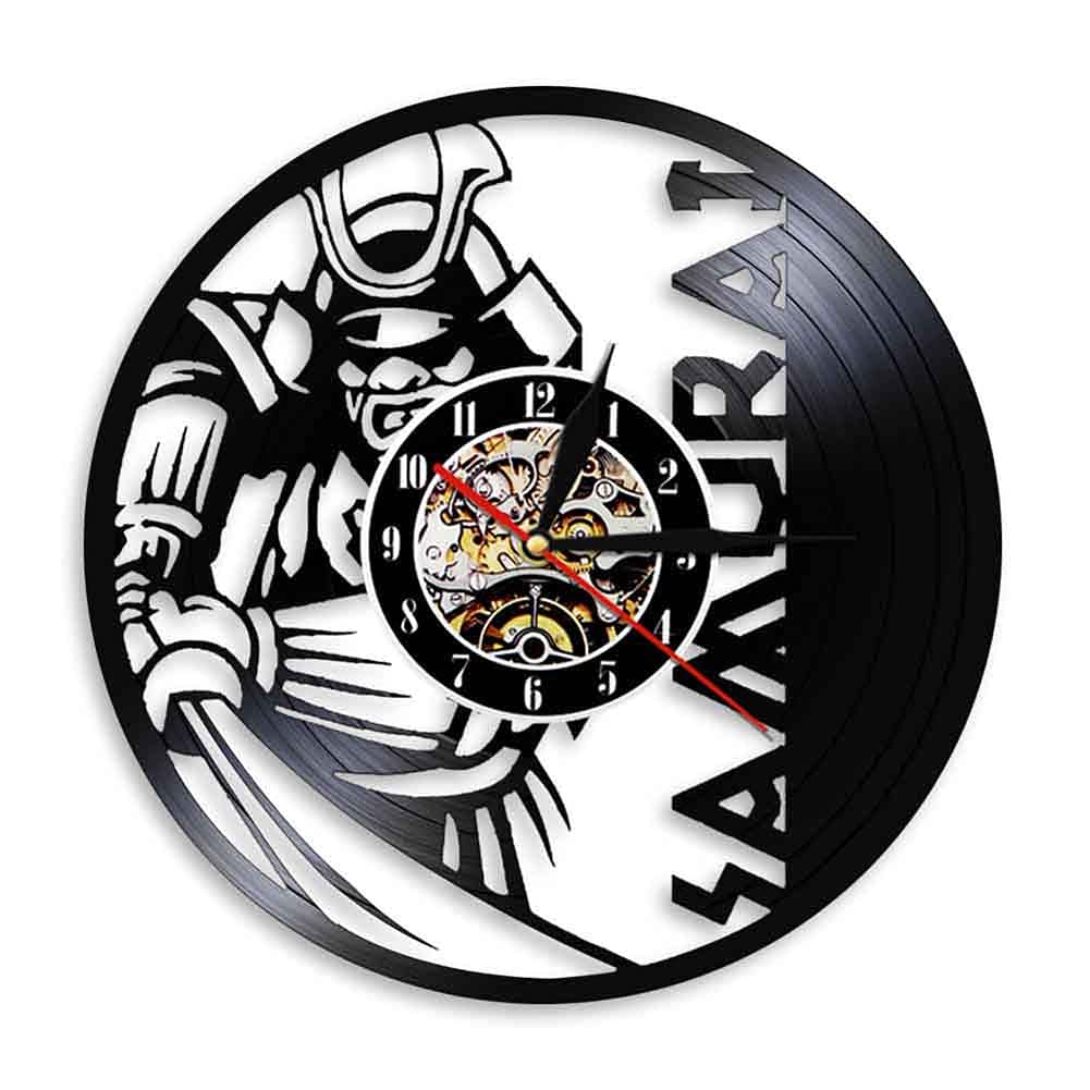 Creative retro vinyl record wall clock Japanese Bushido samurai pattern, suitable for Japanese culture lovers,No light