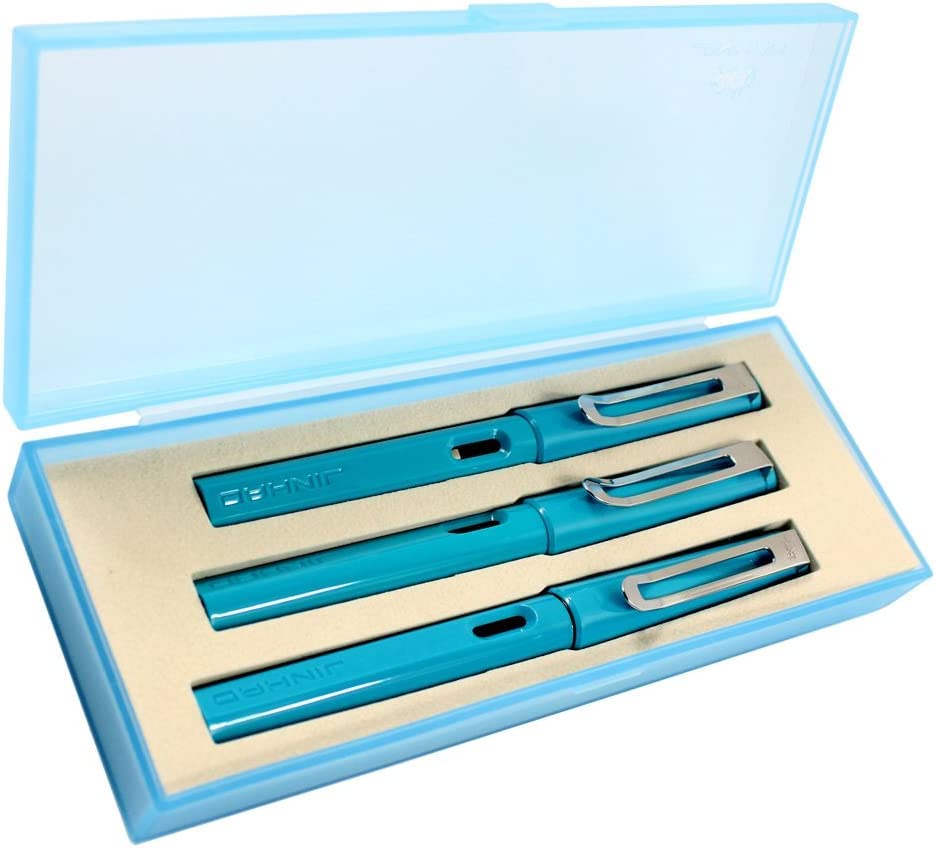 Stifte, Gelschreiber, Kugelschreiber, 3 Stück Kunststoffstifte, 1 Stück Füllfederhalter, 1 Stück feine Feder und 1 Stück Tintenroller mit Stiftbox – Gelb (Farbe: Himmelblau)