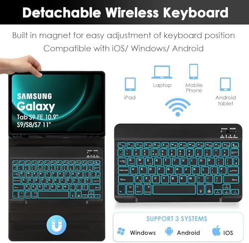 Image of MICROWARE Backlit Keyboard Case for Samsung Galaxy Tab S9 FE 10.9'', Detachable Wireless Keyboard Case & Built-in S Pen Holder for Samsung Galaxy Tab S9 /S8 /S7 11'' (Normal, S9 11 inch)