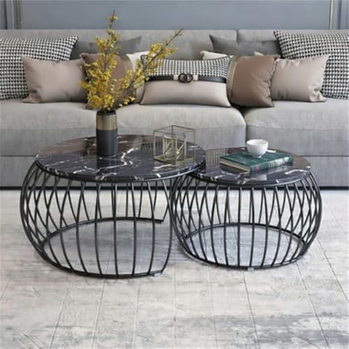 Image of Modern Coffee Tables Round Marble Laminated Tables Set of 2, Stacking Couch Center Table with Golden Metal Frame for Living Room, Bedroom or Apartments (Z Black)
