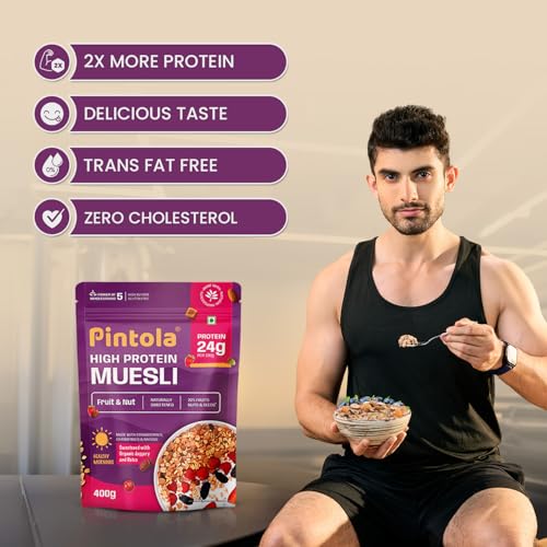 Image of Pintola 25g High Protein Muesli, Fruit & Nut, 400g | Gluten-Free, Naturally Sweetened with Organic Jaggery & Dates, 22% Fruits, Nuts & Seeds, No Refined Sugar, Healthy Breakfast Cereal (Pack of 3)