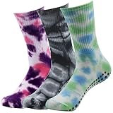 XTBPQMX Women Yoga Pilates Grip Crew Socks 3 Packs Colorful Tie Dye Non Slip Grippy Barre Socks for