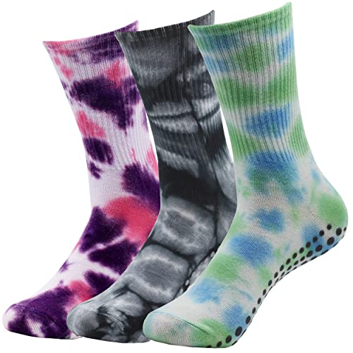 Xtbpqmx Women Yoga Pilates Grip Crew Socks 3 Packs Colorful Tie Dye Non Slip Grippy Barre Socks For Sports Hospital Home #TOP5