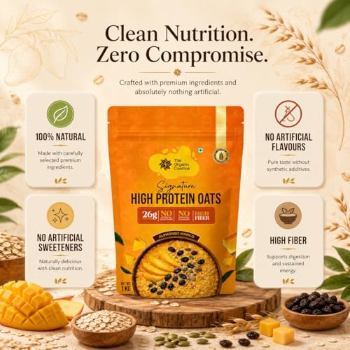 Image of The Organic Cosmos Signature High Protein Oats | 26g Protein | Alphonso Mango Flavour | Gluten Free | High Fiber | No Artificial Sweetener | No Artificial Flavours | 1kg