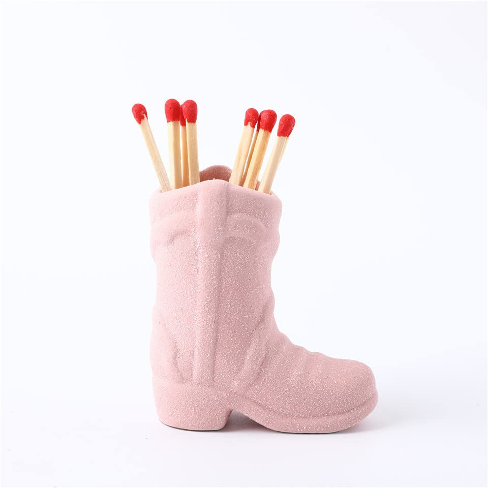 Cowboy Boot Match Holder, Match Jar With Striker Matchstick Boot, Matchstick Storage Ceramic Cowboy Match Holder, Aesthetic Candles Jar For Kitchen Bathroom Interior Decoration (No Matches) (Pink)