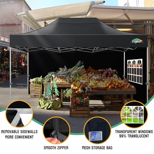 Image of COBIZI 10x15 Heavy Duty Pop Up Canopy Tent with 4 Sidewalls, Black