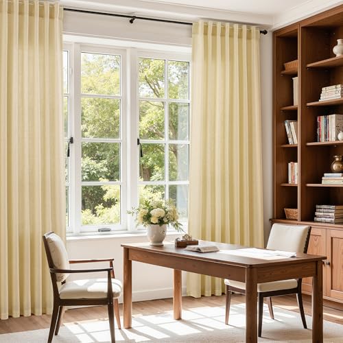 Image of Nanspring Linen Curtains 84 Inches Long for Living Room Semi Sheer Light Filtering Curtain Back Tab Boho Neutral Modern Farmhouse Window Drapes for Bedroom Cream Yellow 52x84 2 Panels