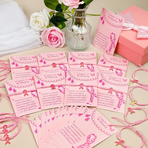 LUYI 24 Set Breast Cancer Awareness Bracelets with Card Adjustable Cord Pink Ribbon Braided Bracelets Breast Cancer Awareness Accessories Party Favors Items Gifts for Women4