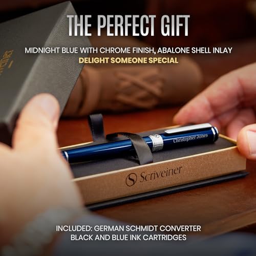 Image of Scriveiner Personalized Midnight Blue Fountain Pen - Stunning Blue Lacquer Luxury Pen, Chrome Finish, German Schmidt Nib (Medium), Best Engraved Pen Gift Set for Men & Women, Name Engraving