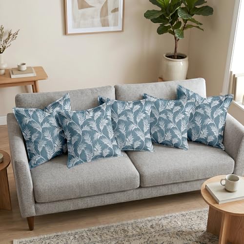 Image of Divine Casa Cushion Covers Set of 5 Mineral Blue | 16x16 Inch Jacquard Sofa Cushion Covers | Decorative Leaf Pattern Throw Pillow Covers for Living Room Decor