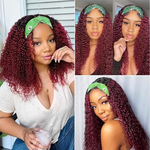 Image of Celiarita Ombre Dark Burgundy Headband Wig Human Hair Deep Wave 18 Inch None Lace Front Wigs Glueless #1B /99J Deep Curly Wave Human Hair Headband Wig Attached Half Wigs for Black Women 150% Density