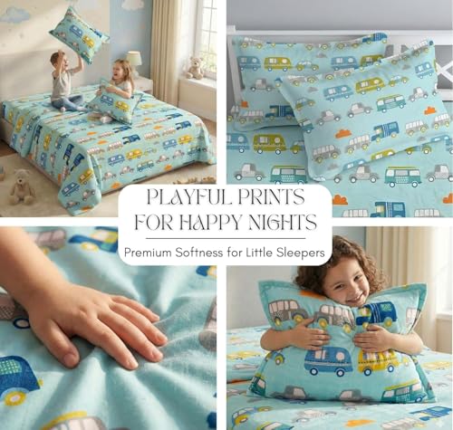 Image of RD FABS Glace Cotton Wrinkle Free Soft Hypoallergenic Double Bed King Size Bedsheet with 2 Pillow Covers, Cartoon Printed for Kids Room Boys Girls, 90x95 Inches, Sky Blue, Car Bus Design, 144 TC