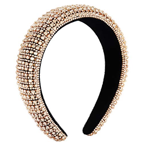 Boderier Bejeweled Padded Rhinestone Headband Statement Wide Hair Hoops Sparkle Party Headwear Hairband Hair Accessories for Women Girls (Gold)