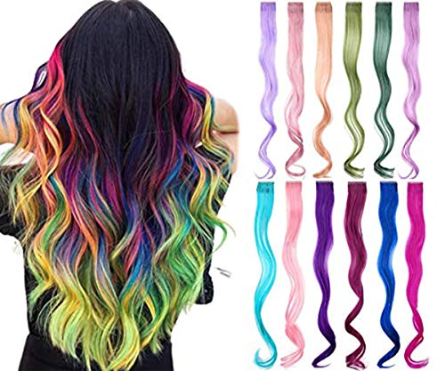 12 Colored Hair Extensions 24 Inch Rainbow Hair Synthetic Straight Hair Style Extensions for Women Hair Clip in Extensions for Girls Kids (Curly)