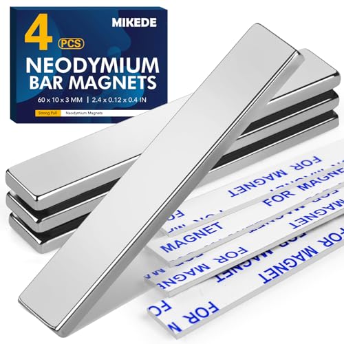 Image of MIKEDE 4 Pack Rare Earth Strong Neodymium Bar Magnets, with Double-Sided Adhesive for Craft, Fridge, Kitchen, Office - 60 x 10 x 3 mm