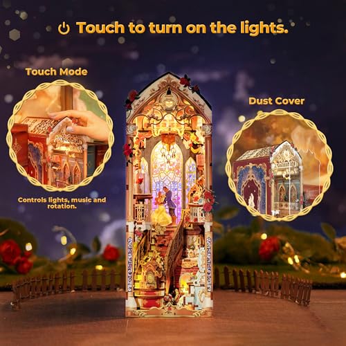 Image of Tonecheer DIY Book Nook Kit for Adults, 3D Wooden Puzzle Music Booknook Miniature Dollhouse, Fairy Tale Bookend Bookshelf Decor with Dust Cover and LED Lights Gifts (Beast‌ and Beauty)