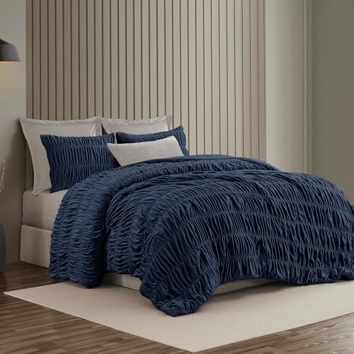 Wonderful Luxury Ruched Velvet King Size Navy Quilt Set, Handcrafted Quilted 3 Piece Ruffle Crinkle Striped Reversible, Cotton-Like Feel, Fluffy Lightweight Comforter Bedding Set