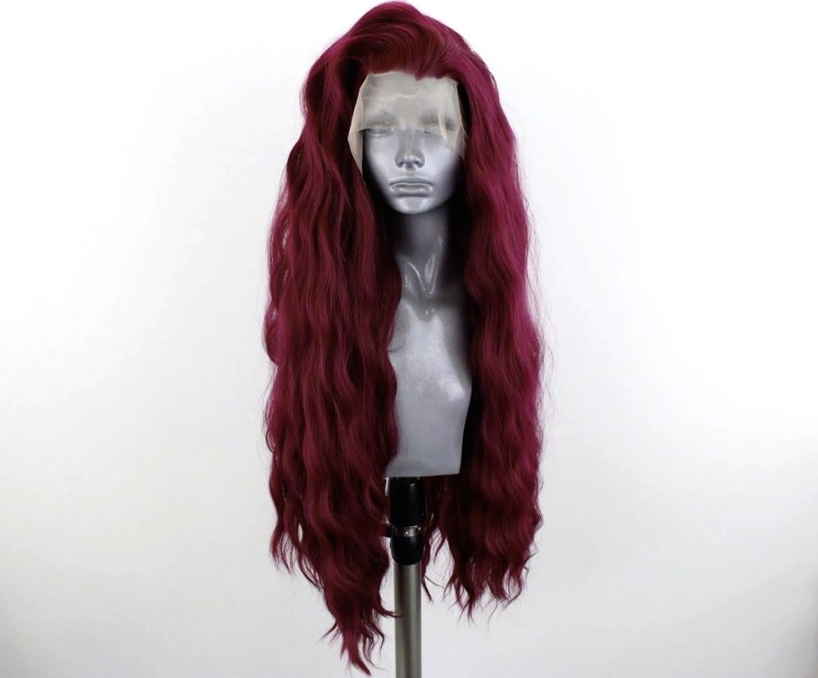 PORSMEER 13x4 Lace Front Wigs for Women Realistic Looking Long Wavy Wig Synthetic Hair Lace Glueless Ladies Wig (Dark Red) - Image 2
