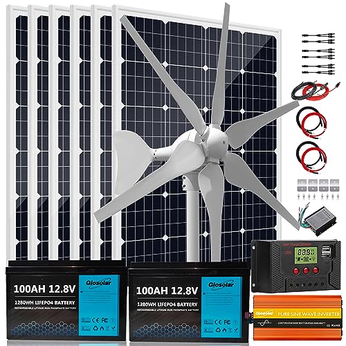 1120W 24V Solar Wind Power Kit Home Off-Grid System for Charging Battery：2X 100AH Lithium Battery...