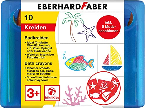 Eberhard Faber 524110 - Tiza de baño para niños para pintar y dibujar en azulejos y espejos, estuche con 10 colores de tiza y 5 plantillas con motivos Cover