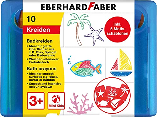 Eberhard Faber 524110 – Tiza de baño para niños para pintar y dibujar en azulejos y espejos, estuche con 10 colores de tiza y 5 plantillas de diseño