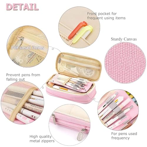 Image of Canvas School Bag Pencil Case, 3 Layer 6 Compartment Large Capacity, Aesthetic Pencil Pouch for Stationary, Cute Stationery for Kids, Pencil Case for Girls & Boys (Pink)