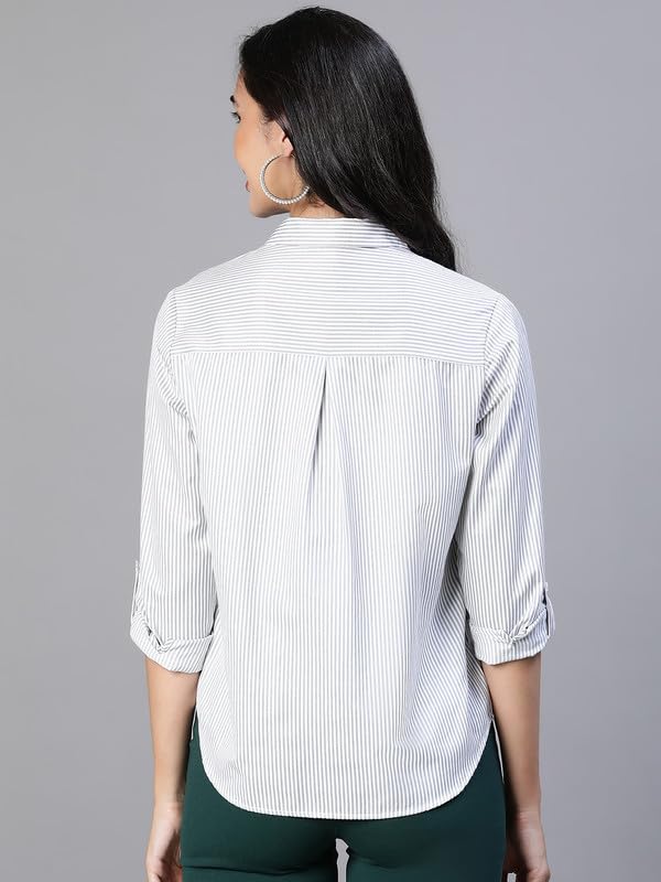 Image of Oxolloxo Women Stripe Print Soild Grey Collared Cotton Shirt