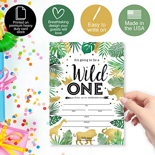 Image of Hadley Designs Kids Birthday Invitations For Boys and Girls Safari Theme - 25 Wild One 1st Birthday Party Invitations For Boys, Jungle Invites For Girls, Cute Animals Party Supplies, Made In USA