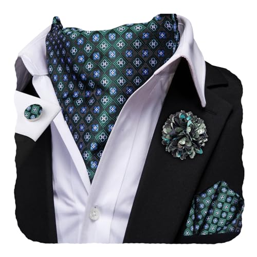 Image of Hi-Tie Silk Ascot for Men Self Tie Men's Cravat and Flower Lapel Pin Handkerchief Cufflinks Set for Wedding Party