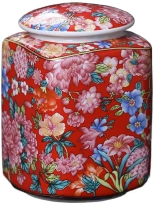 Tea Container Retro Red Patterned Ceramics Loose Tea Tin Storage Caddy Container Tins Jar with Airtight Lid